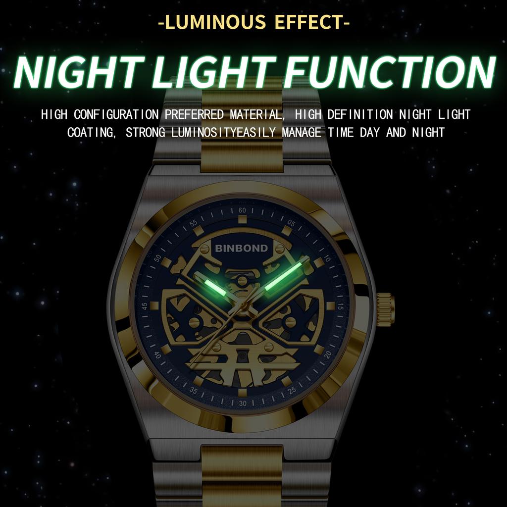 BINBOND Herrenuhren Quarz Businessuhren Herrenuhr Luxus Skelettuhr Herren Wasserdichte Leuchtende Uhr für Herren