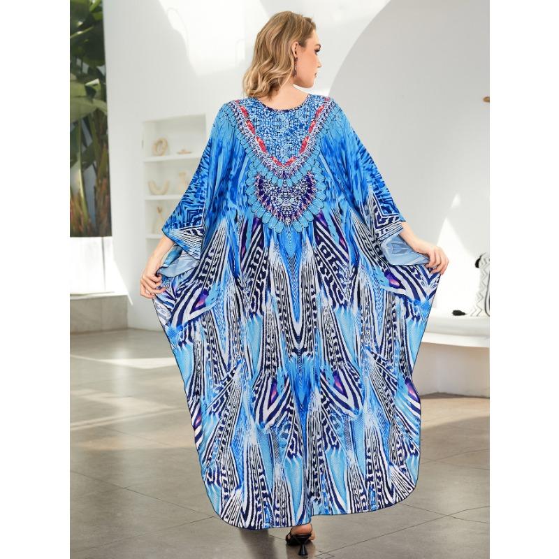 Women's Fashion Summer Spring Feather Print 3/4 Sleeves V-Neck Loose Waistline Casual Dresses