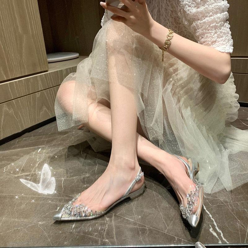 Fashion 2025 Spring Pvc New Pointed Head Transparent Diamond Single Shoes To Wear Everything Flat Wedding Sandals Temperament