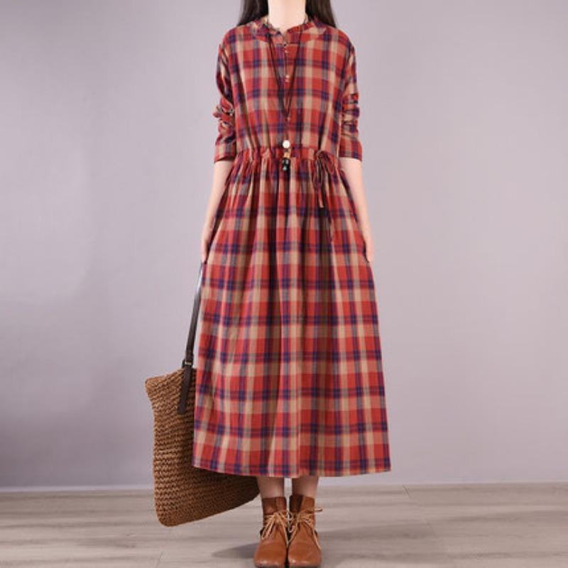 Loose Women's Lace Up Plaid Dress