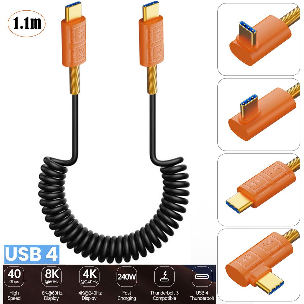 USB4 Type C Spring Coiled Cable Cord 240W Power Delivery Support 40Gbps Data Transmission Speed 8K 60Hz Resolution