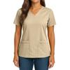 Women's Fashionable Solid Color V-neck Double Pocket Short Sleeved Shirt With Slit Hem Uniform And Worker Top