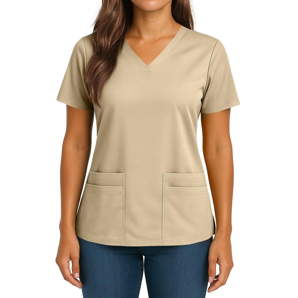 Women's Fashionable Solid Color V-neck Double Pocket Short Sleeved Shirt With Slit Hem Uniform And Worker Top