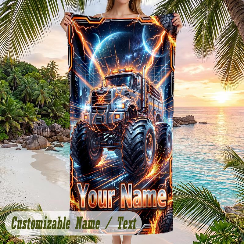 Monster Truck Thema Strandtuch Personalisiert mit Name & Text Weich Schnelltrocknend Strandtuch für Schwimmen Reisen