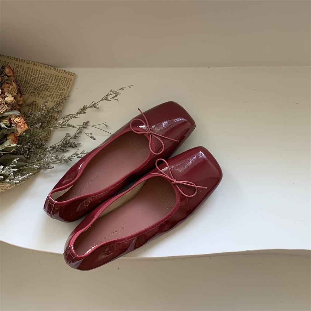 Fashion Japanned Square Toe Bowtie Ballets Shoes Ladies Soft Roll-Up Flats Loafers Barefoot Mocassines Woman Slip On Office Dress Shoes