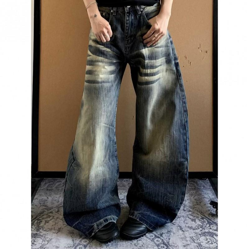Womens High-Waisted Wide-Leg Distressed Flared Jeans Retro Streetwear Loose Fit Cotton Blend