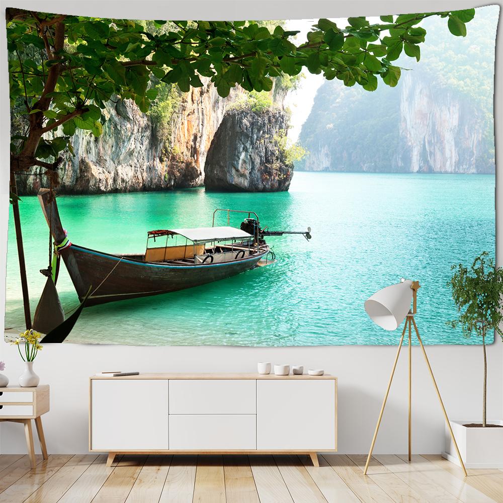 Beautiful Sea Scenery Tapestry Sea Vintage Beach Seascape Palm Tree Tapestry Wall Hanging Tapestries Boho Bedroom Wall Rug Premium Quality
