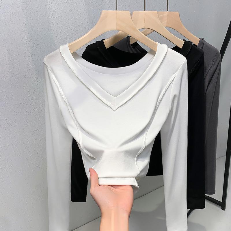 Bílé francouzské klíční kosti odhalené V-neck ramenní tričko pro ženy s dlouhým rukávem kulatým výstřihem vnitřní spodní tričko módní top snižující věk