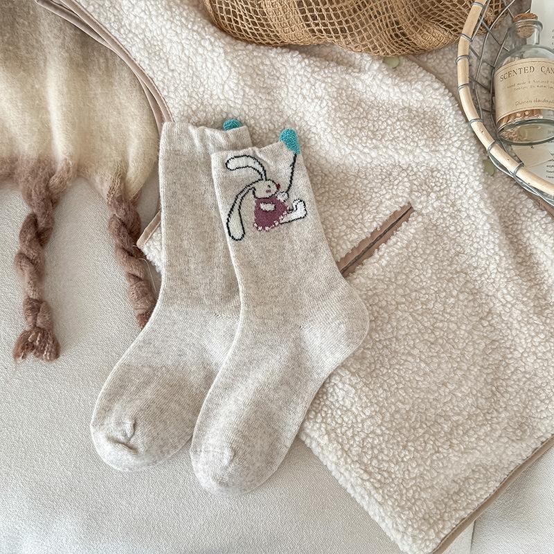 Design Wool Socks Cute Rabbit Contrast Color Coral Velvet Balloon In The Tube Women'S Socks To Keep Warm