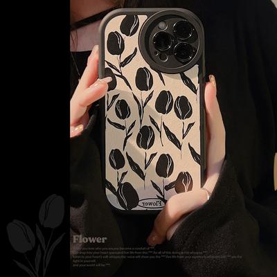 Black Shell For Iphone 14 Plus 11 12 Promax 13 Pro Max Cute Flower Tulips Relif 3d Leather Soft Silicone Shockproof Phone Case