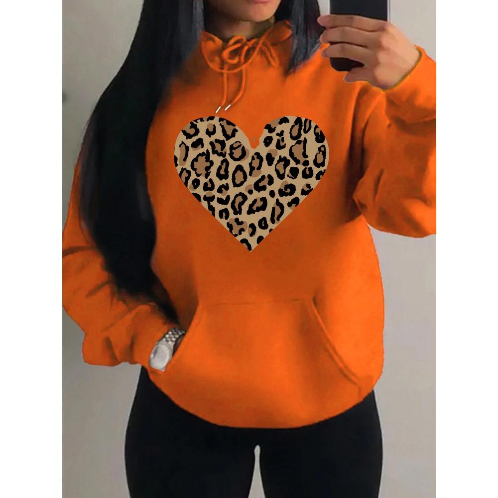 Simple Leopard Print Heart Design Hoody Women Oversize Fleece Hoodies Autumn Hip Hop Sportswear Fashion Clothing