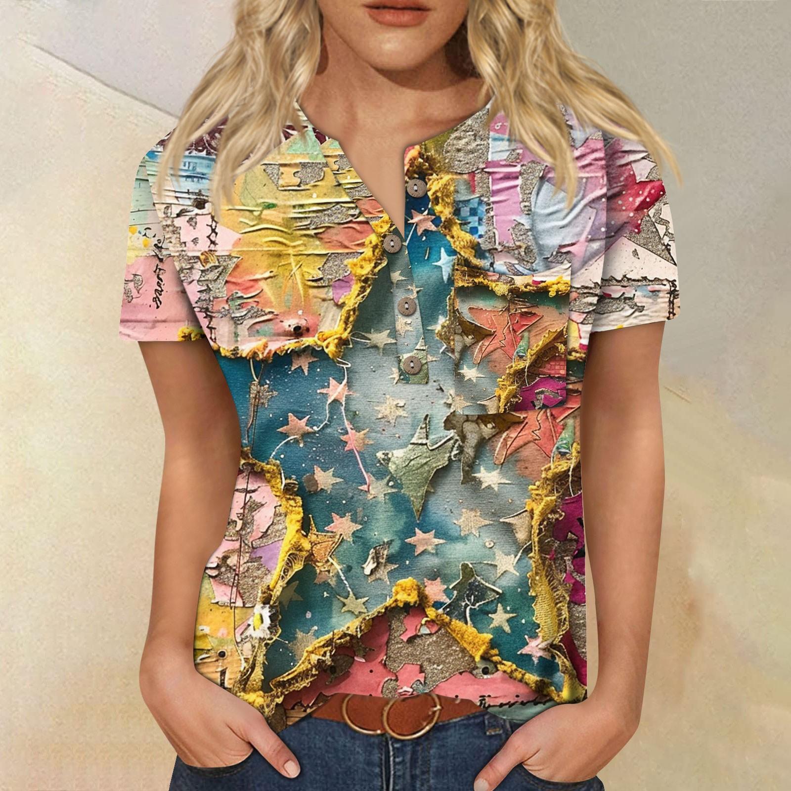 

2024 модный винтажный топ с короткими рукавами для женщин, женская повседневная футболка с воротником на пуговицах и блузкой для праздника M