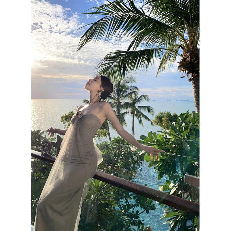 

Clavicle One-word Shoulder Super Fairy Mesh Tube Top Dress Slim and Thin Sexy Hot Girl Off-the-shoulder Female Summer Long S