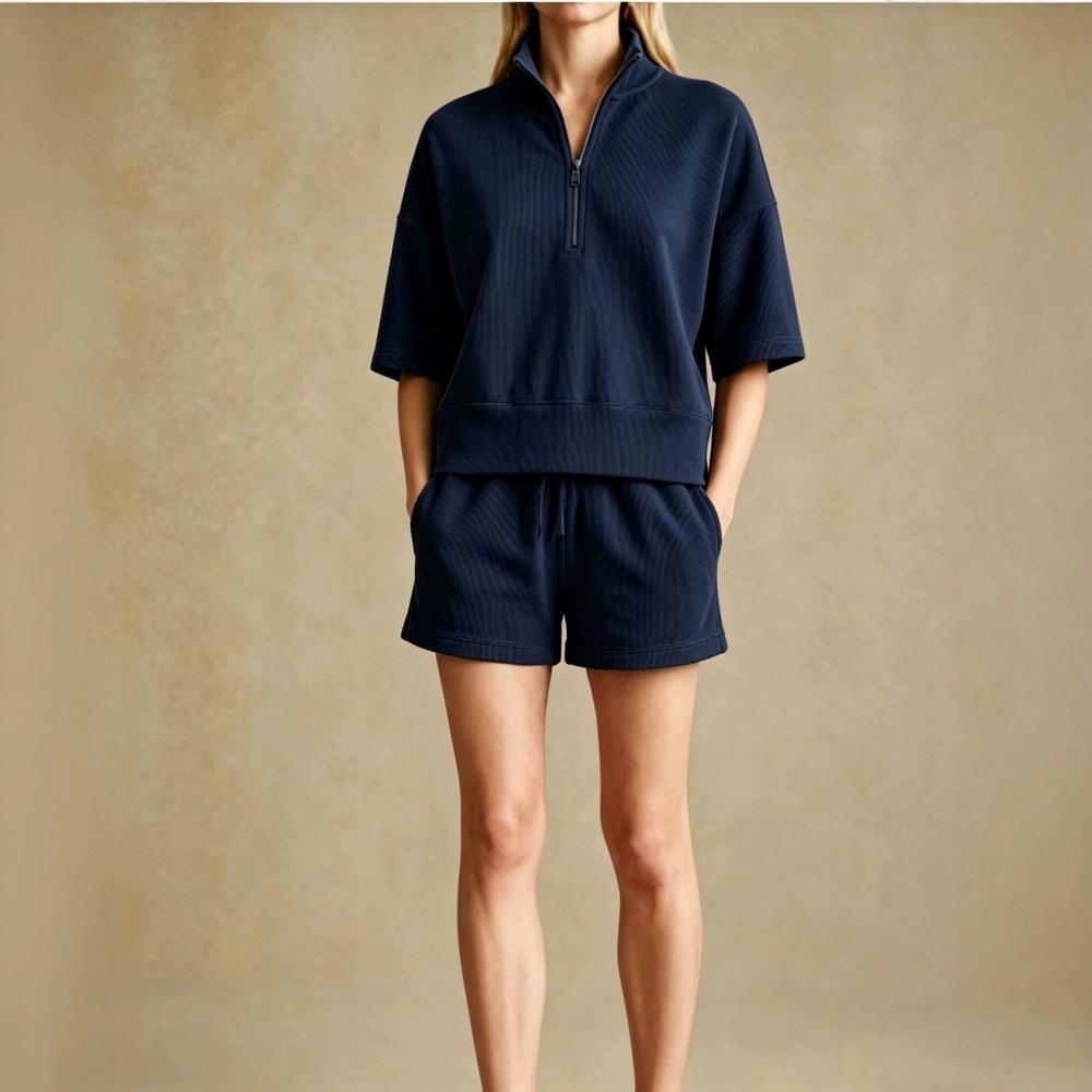 Women's Loose Tracksuit Half Zip Short Sleeve Sweatshirt Drawstring Waist Shorts