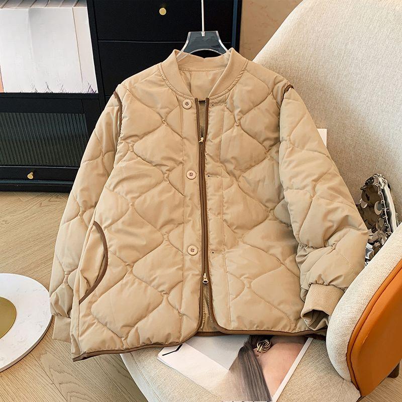 

Зимняя куртка в японском стиле с ромбовидной стежкой, женская короткая теплая хлопковая куртка, дизайн бейсбольной куртки XL хаки