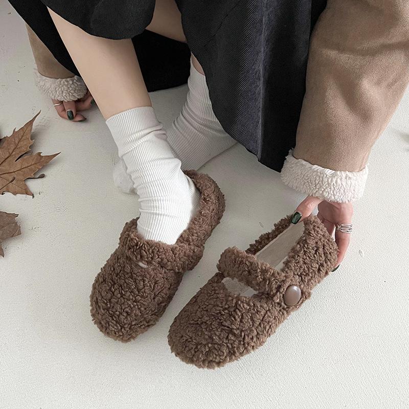 White French Mary Jane Flat-bottomed Fluffy Shoes for Women's New Autumn and Winter Warm-soled Beanie Cotton Shoes