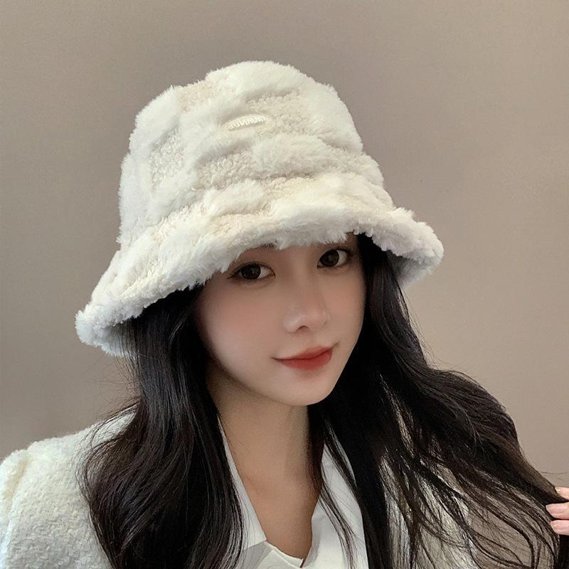 Lamb Velvet Fisherman Hat for Women Japanese Style Checkerboard Color Bucket Hat Autumn and Winter Thickened Warm and Face Showing Small Plush Hat