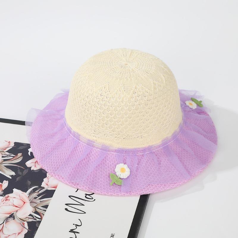 Fashion children's breathable small straw hat baby colorful cute flower yarn edge hat sunscreen summer cool hat