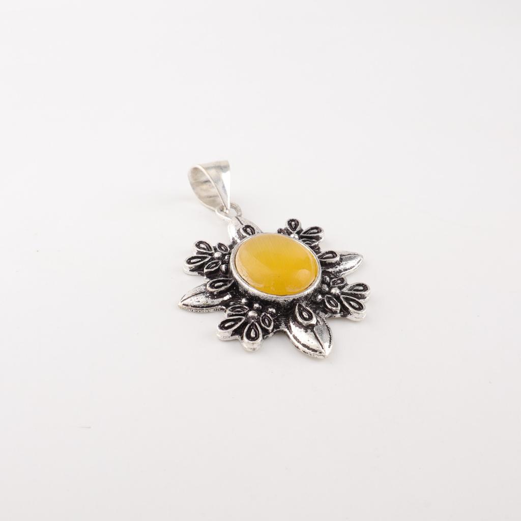 Yellow Cat's Eye Gemstone 925 Sterling Silver Jewelry Handcrafted Pendant 1.62" CP-12-46