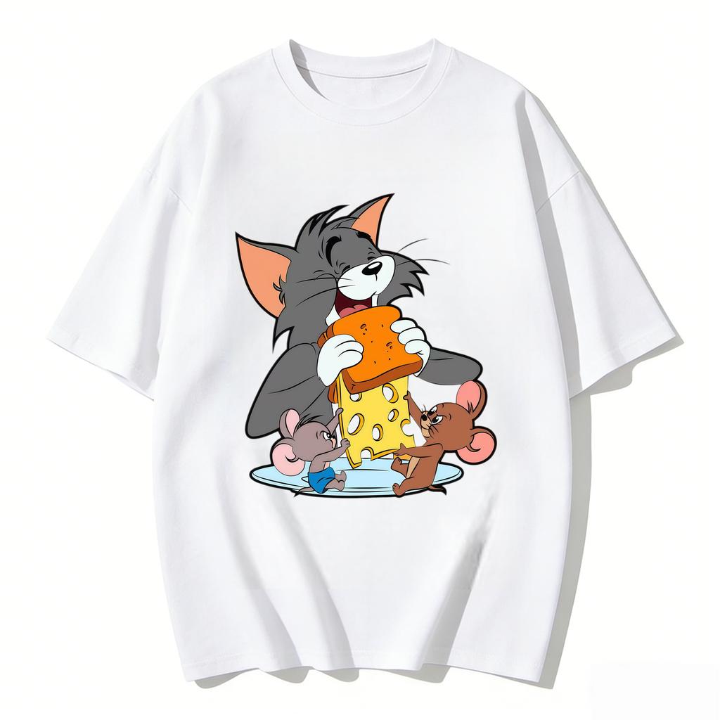 2026 New Tom Jerry Print Tshirt Casual Loose Couple Family Matching Outfits Short Sleeve Cotton Tee Summer Streetwear Tops Y2k