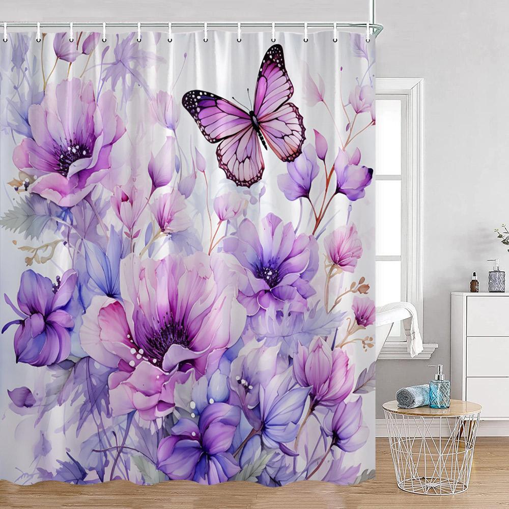 Watercolor Flowers Shower Curtains Colorful Flower Green Plants Botanical Bathroom Decorations Modern Aesthetic Bath Curtains