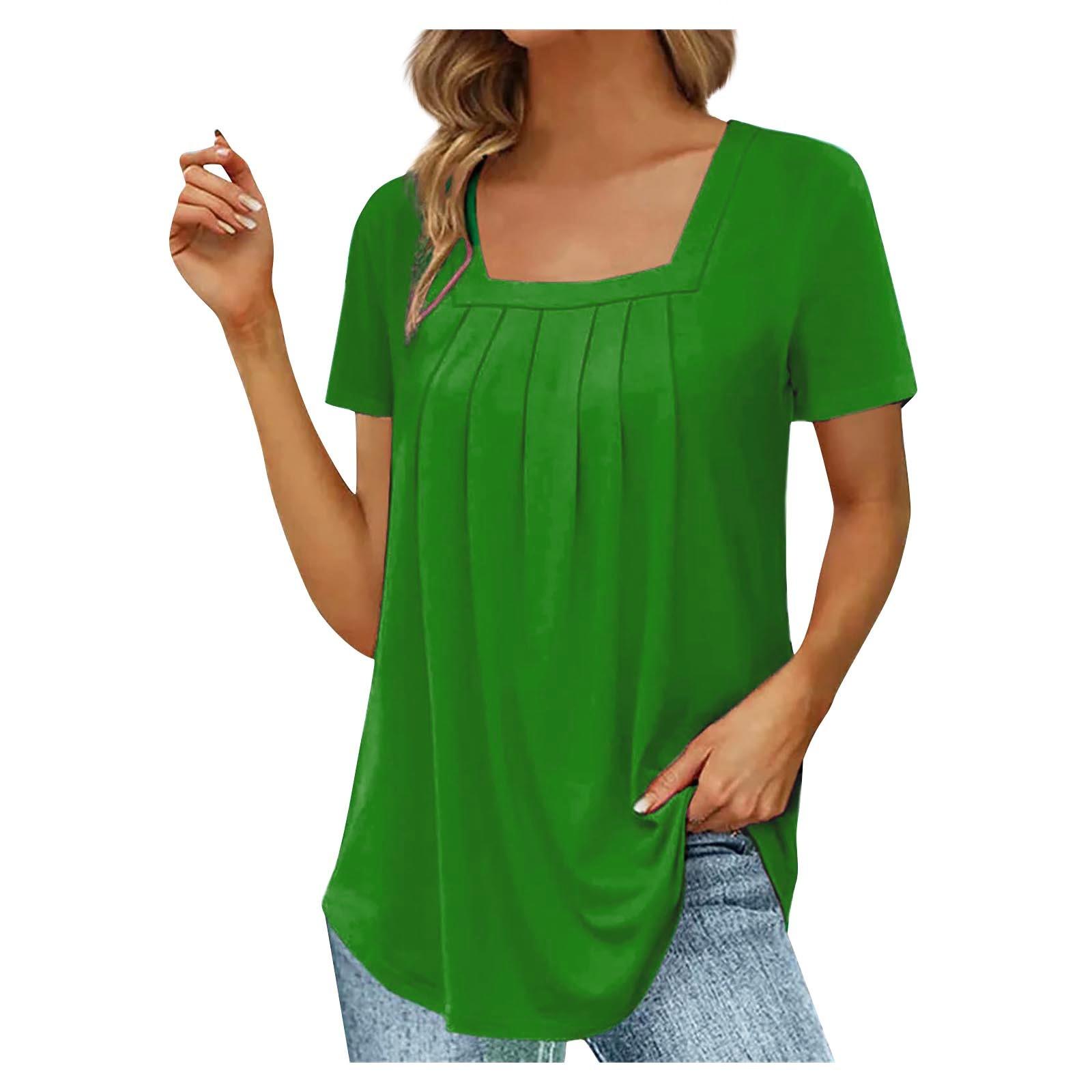 

Жіночий однотонний дихаючий топ з квадратним вирізом і короткими рукавами з рюшами XXXXL зелений