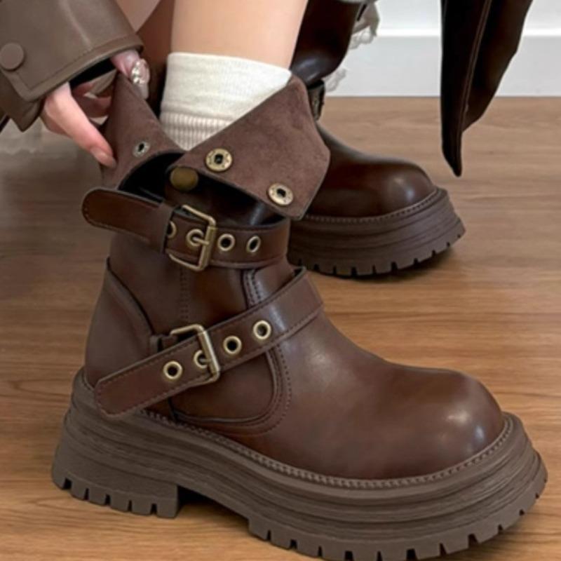 Martin boots women's new spring and autumn single boots retro women's shoes medium boots thick-soled black short boots
