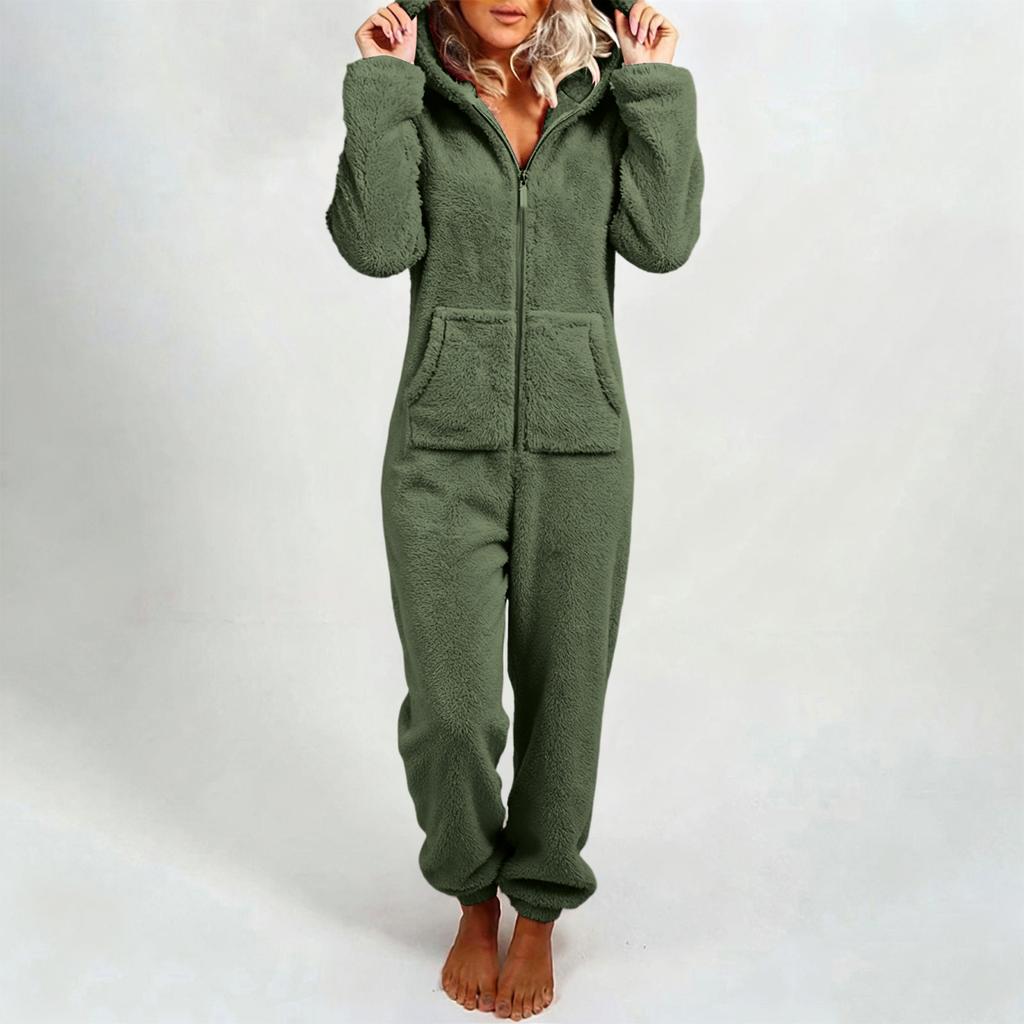 Women's Fashion Fleece-Lined Thickened Fleece Hooded Pyjamas With Zip-Up Onesie