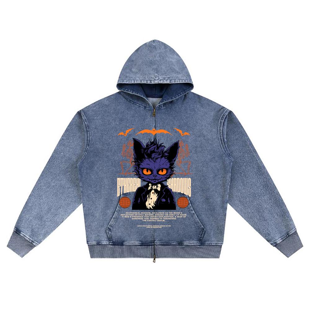 DTG Print Knitted Denim Zip-Up Hoodie Ethereal Shadow Brother Print Zipper Hoodies  