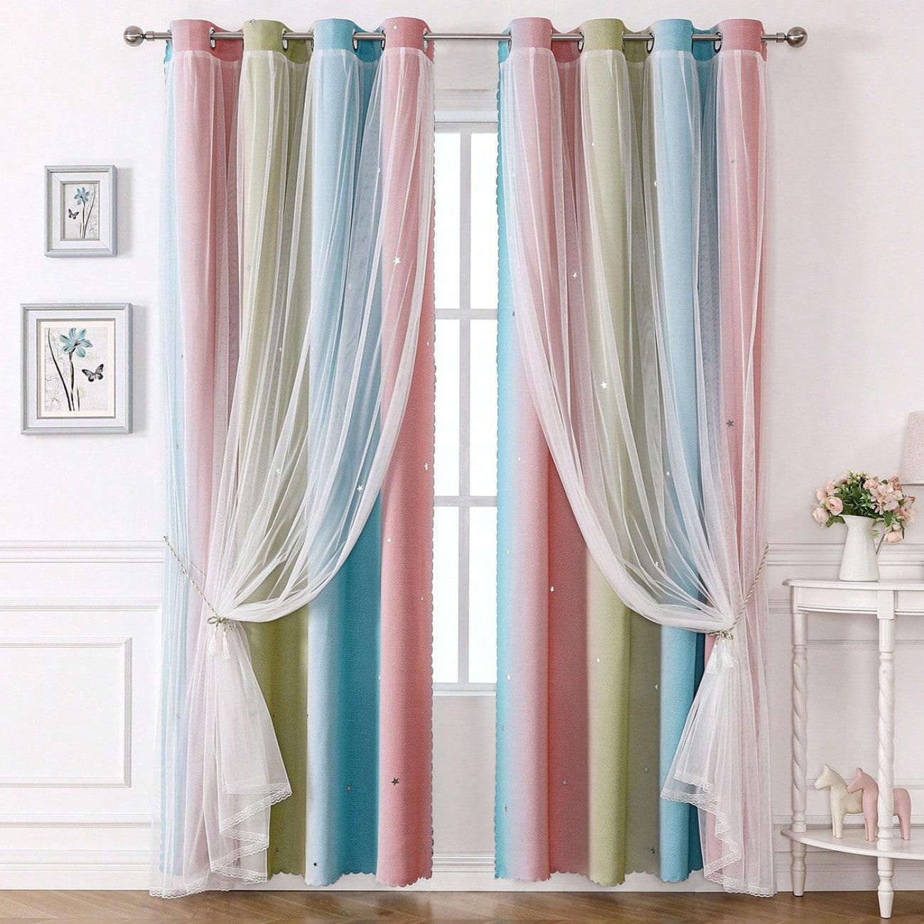 

1 шт. Двухслойные шторы Rainbow Fade с цветом Morandi, светонепроницаемые шторы с тканью и прозрачной тканью 100X130CM 1PC&Grommet Top розовый зеленый