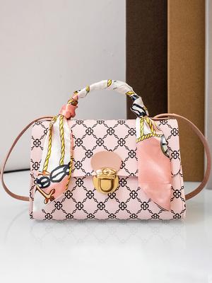 Tote with Scarf Bag Summer  Leather Printing Shoulder Crossbody Cell Phone Square Bag for Women