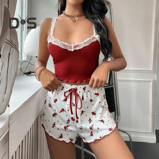 Women's 2 Piece Ribbed Pajama Set Sleeveless Lace Crop Cami Top And Tie Waist Shorts Set Summer Lounge Sleepwear Set