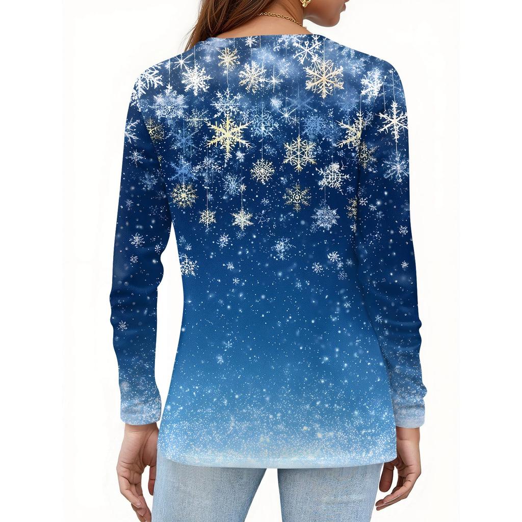 Camiseta de Mujer Estampado Navideño Botón Manga Larga Diario Fin de Semana Moda Básica Cuello en V Regular Top