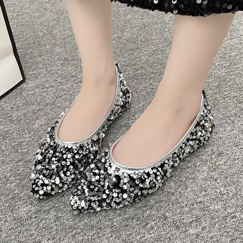 Dámské boty na podpatku, pohodlné boty s měkkou podrážkou, nazouvací boty na volný čas, módní flitry, špičaté boty, zářivé společenské boty