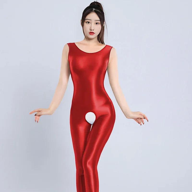 Sexy Shiny Glossy Backless Bodysuit Women'S Crotchless Sleeveless Jumpsuit Satin Smooth Tights One Piece Leotard Catsuit Ootd