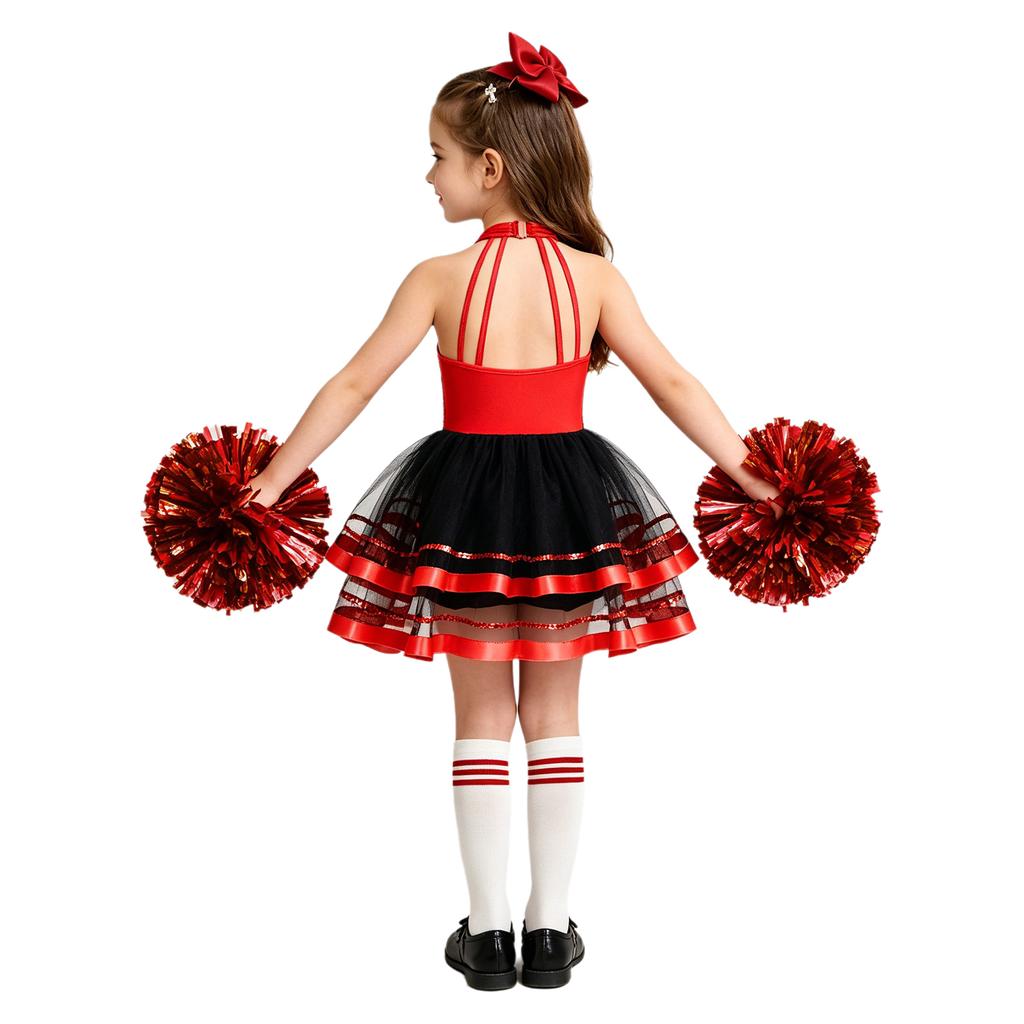 Girls Cheerleading Outfit Sleeveless Halter Sparkling Sequins Backless Tulle Tutu Dress Flower Balls Headwear Socks Set