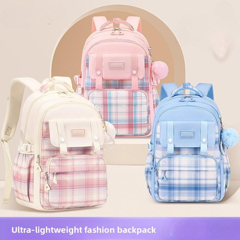 Cute Plaid School Backpack for Girls Primary Middle School Bags Lightweight Waterproof Backpack Large-Capacity Student Backpack