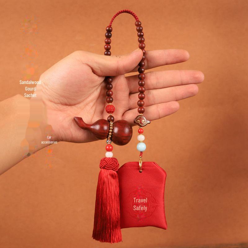 "Chinese Sandalwood Fortune Gourd Car Pendant for Safe Travel - High-End Car Accessory for Men and Women"