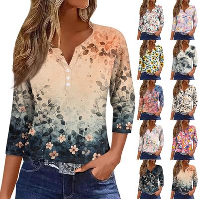 Women's Loose Casual Flower Print Seven Quarter Sleeved V-Neck Top Seven Quarter Sleeved V-Neck Top