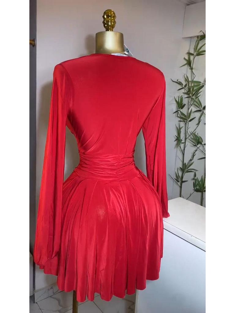 Women's French Style V-Neck Pleated Dress with Waist-Cinching Long Sleeves