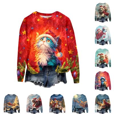 Women's Fashion Christmas Printed Long Sleeve Loose Round Neck Sweatshirt Top