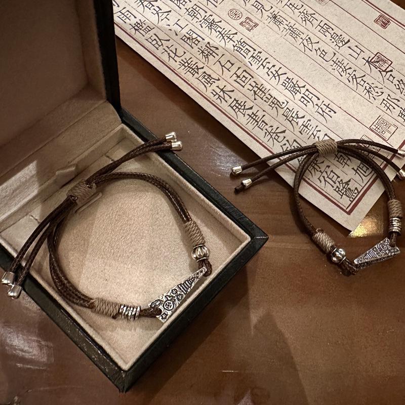 9999 Sterling Silver Auspicious Words Men s Ethnic Rope Bracelet