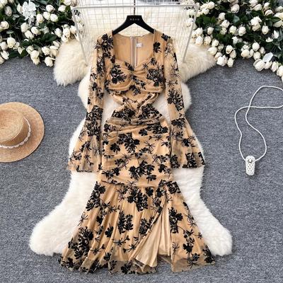 Elegant Embroidery Black Mermaid Evening Party Dress Women Long Flare Sleeve Cup Padded V Neck One Piece Mesh Folds Prom Robe