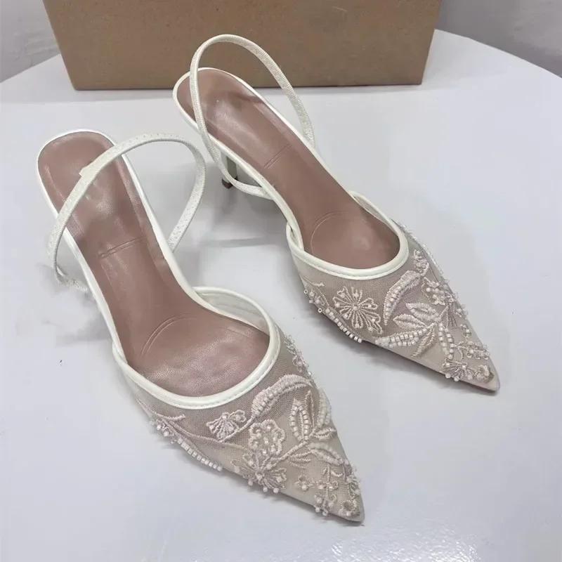 Fashion Designer Embroidered Mesh White Stringbead Heeled Sandals Women Sexy Pointed Toe Slingback Mules High Heels Elegant Party Shoes