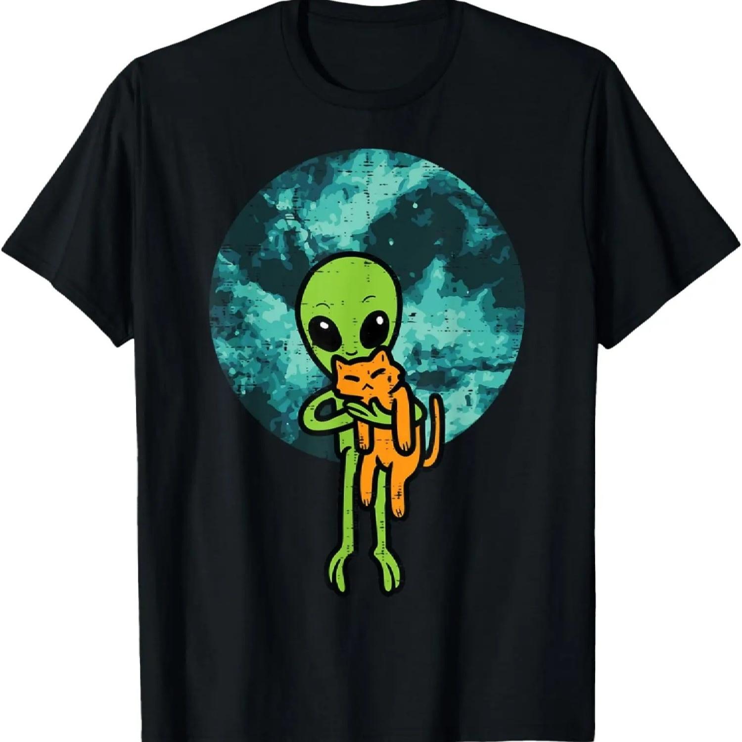 

Alien And Cat Funny UFO Space Feline Pet Owner Men Women Kid T-Shirt XXXXXL чорний