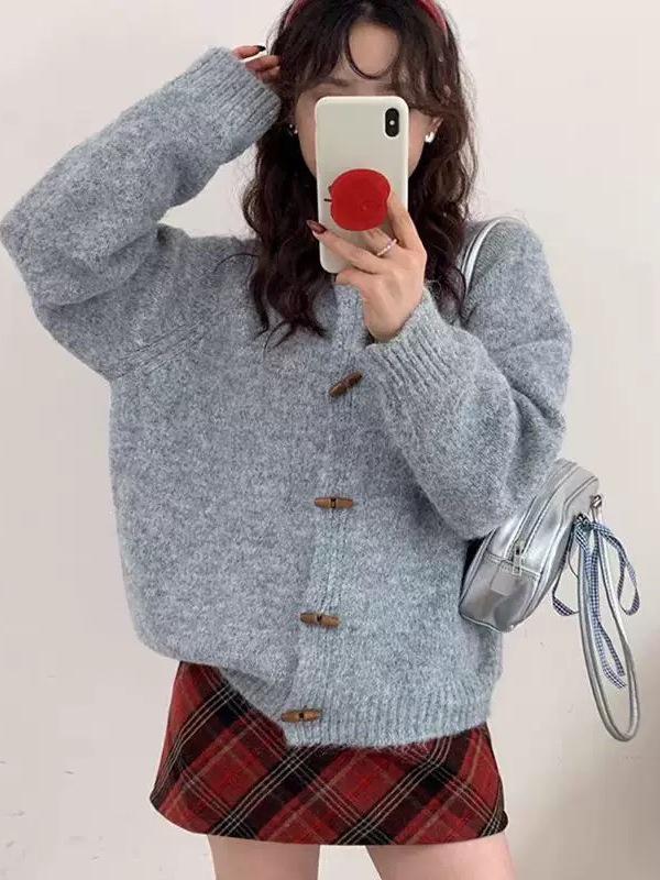 

Женский кардиган крупной вязки в стиле ретро на застежке-тогл - Мягкий свитер свободного кроя для осени/зимы 2025 One Size (80-125) серый