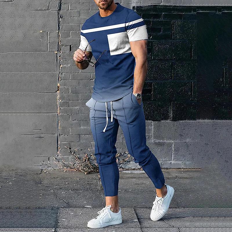 Sommer Männlichen Lose Beiläufige Druck T-shirt Elastische Taille Hosen Set Männer Kurzarm Street Style Pullover T-shirt Jogginghose Homme