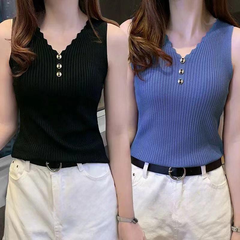 Ice Silk Small Suspender Sleeveless Vest for Women's Summer Outer Wear with Loose Short V-neck Knitted Bottoming Shirt Top