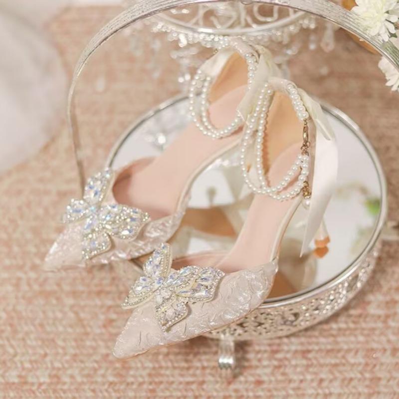 Fashion Autumn New Coarse Heel Single Shoes Women's Pointed Head Shallow Mouth Butterfly Knot Bead Non-slip Low Top Shoes