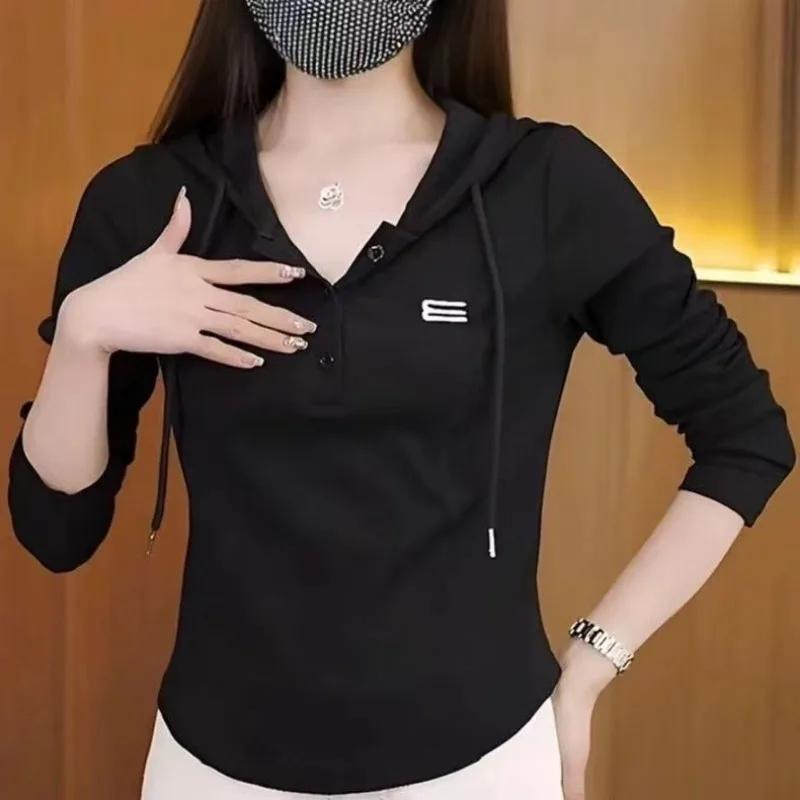 Women's Sports Casual Hooded Sweatshirt Top Autumn Thin Solid Color Versatile Long-sleeved T-shirt For